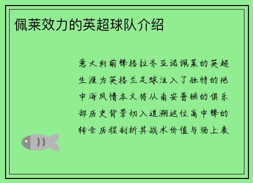 佩莱效力的英超球队介绍