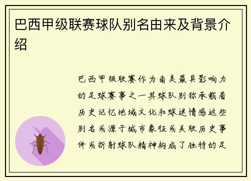 巴西甲级联赛球队别名由来及背景介绍