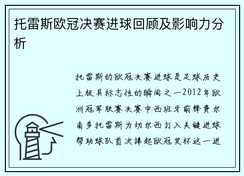 托雷斯欧冠决赛进球回顾及影响力分析